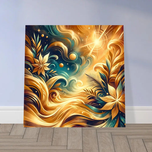 Abstract golden floral painting on a cosmic nature dreamprint poster titled Nebula Bloom Cascade by PixiOnyx