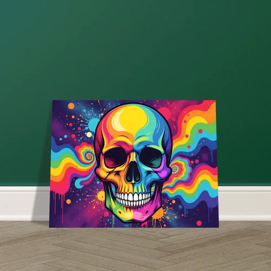 Colorful skull artwork vibrant neon psychedelic poster displayed in PixiOnyx abstract art collection