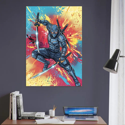 Colorful pop art poster featuring a cyber-sleek ninja launches mid-air with two katanas in retro comic chaos style