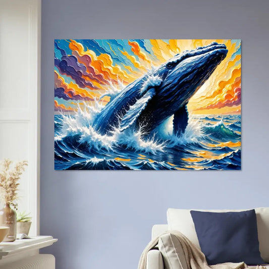 Fine art poster of a blue whale breaching ocean waves under a colorful sky in PixiOnyx Painterly Majesty
