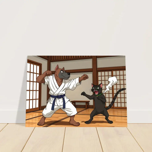 Cartoon dog and cat karate match on Fine Art Poster Paws of Fury PixiOnyx Martial Mayhem