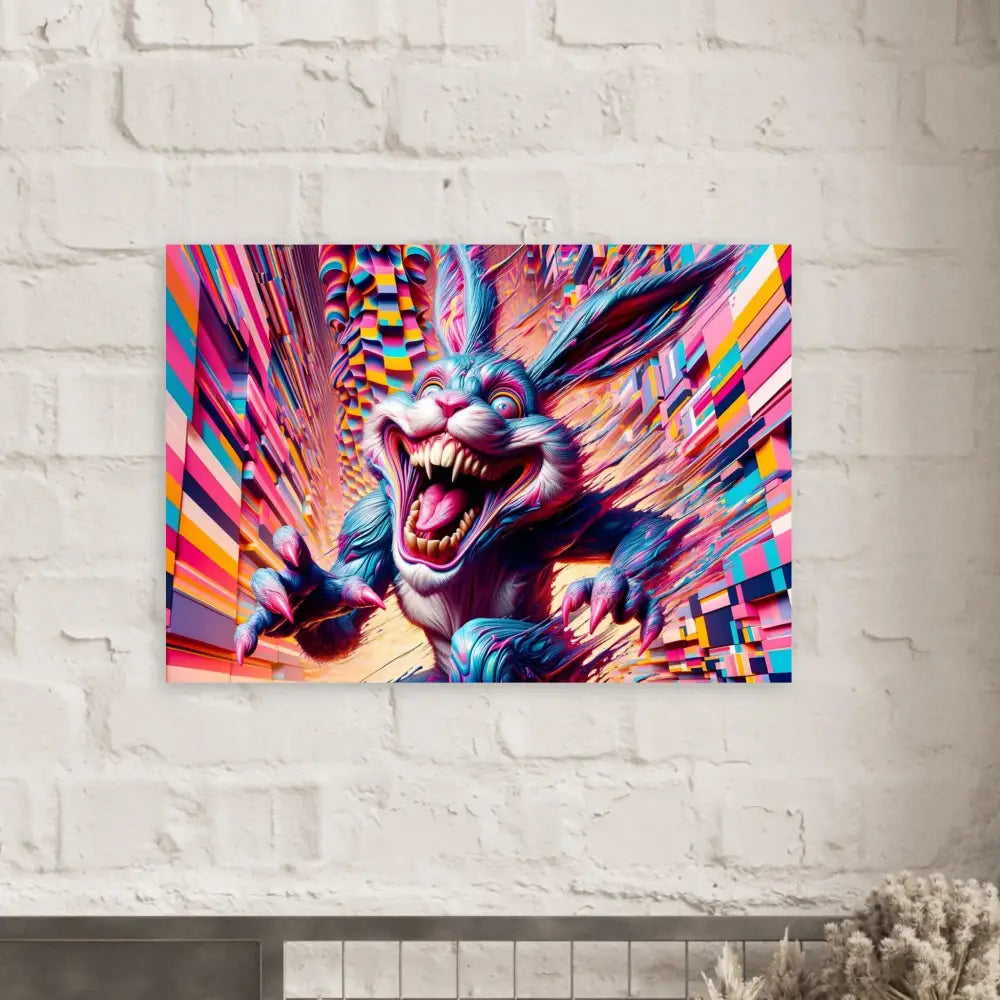 Colorful, menacing rabbit art poster titled Pixel Panic Psycho Cottontail Quartet