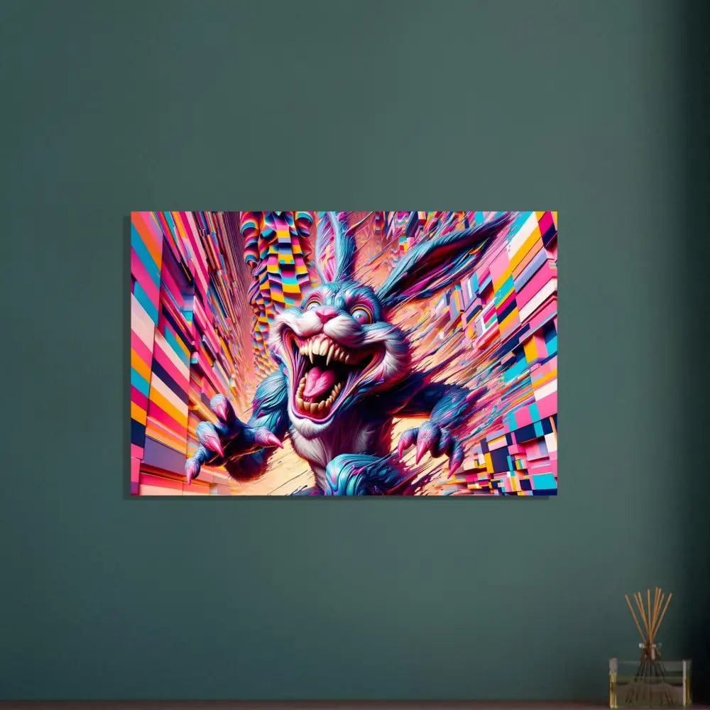 Colorful menacing rabbit artwork poster for Fine Art Poster Pixel Panic Psycho Cottontail Quartet PixiOnyx Glitchcore Vision