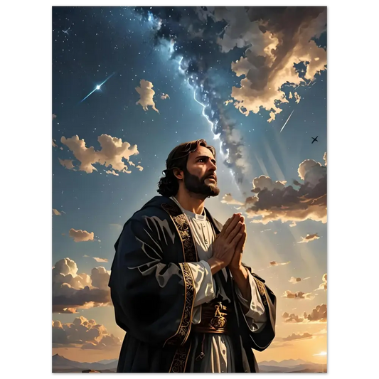 Man praying under a dramatic sky in Fine Art Poster Prayer to the Cosmos PixiOnyx