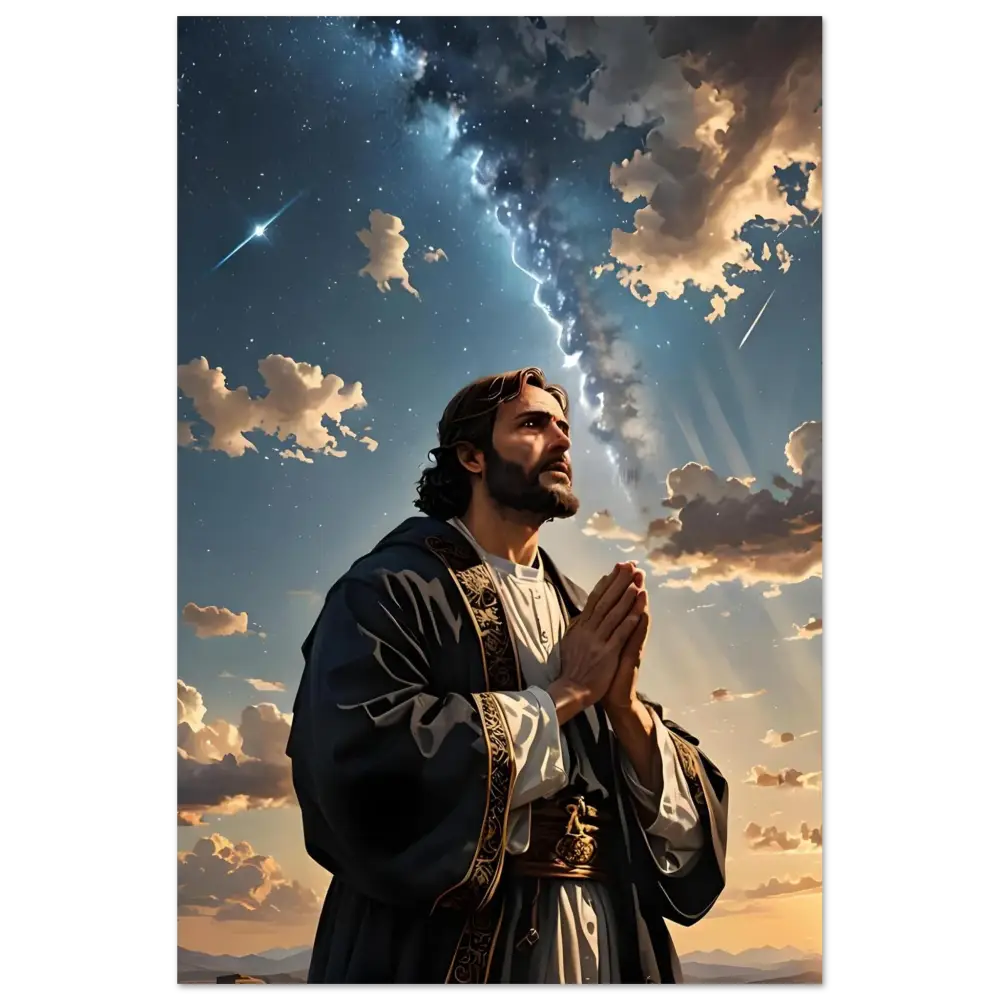Man praying under a dramatic sky in Fine Art Poster Prayer to the Cosmos PixiOnyx