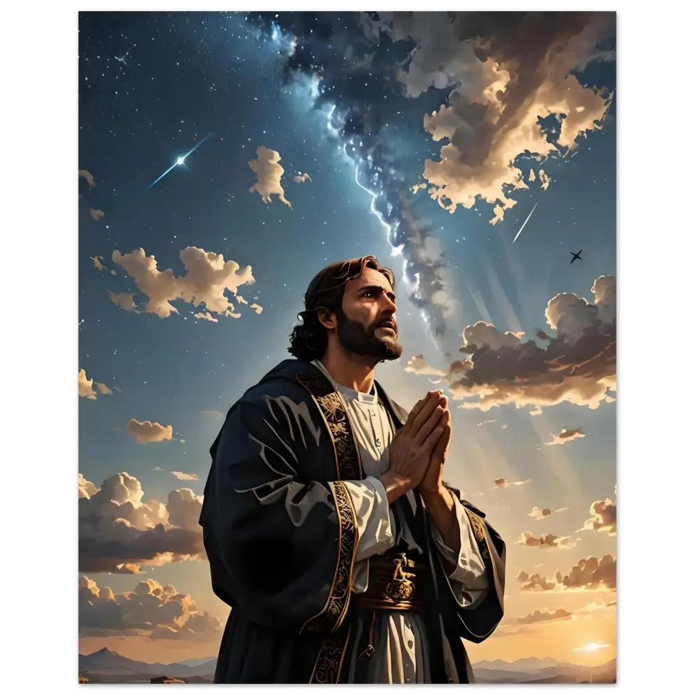Man praying under celestial light in Fine Art Poster Prayer to the Cosmos by PixiOnyx