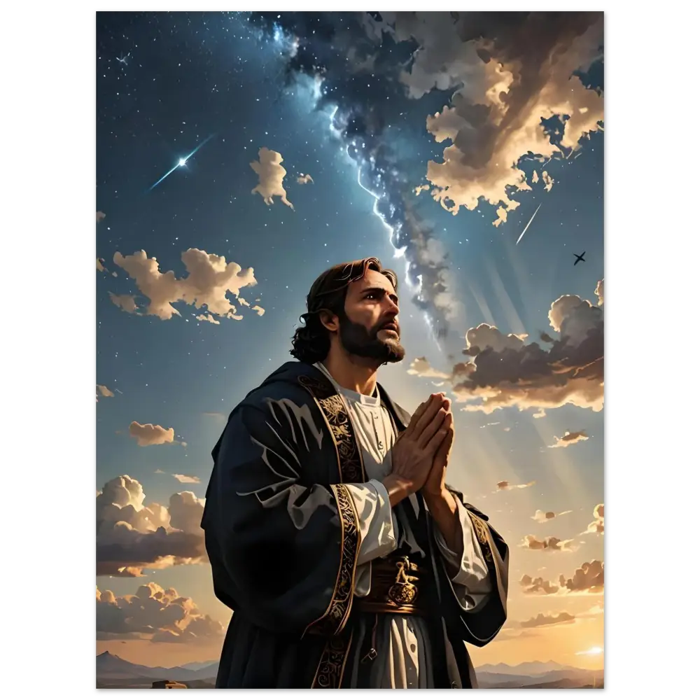Man praying under celestial light in Fine Art Poster Prayer to the Cosmos PixiOnyx