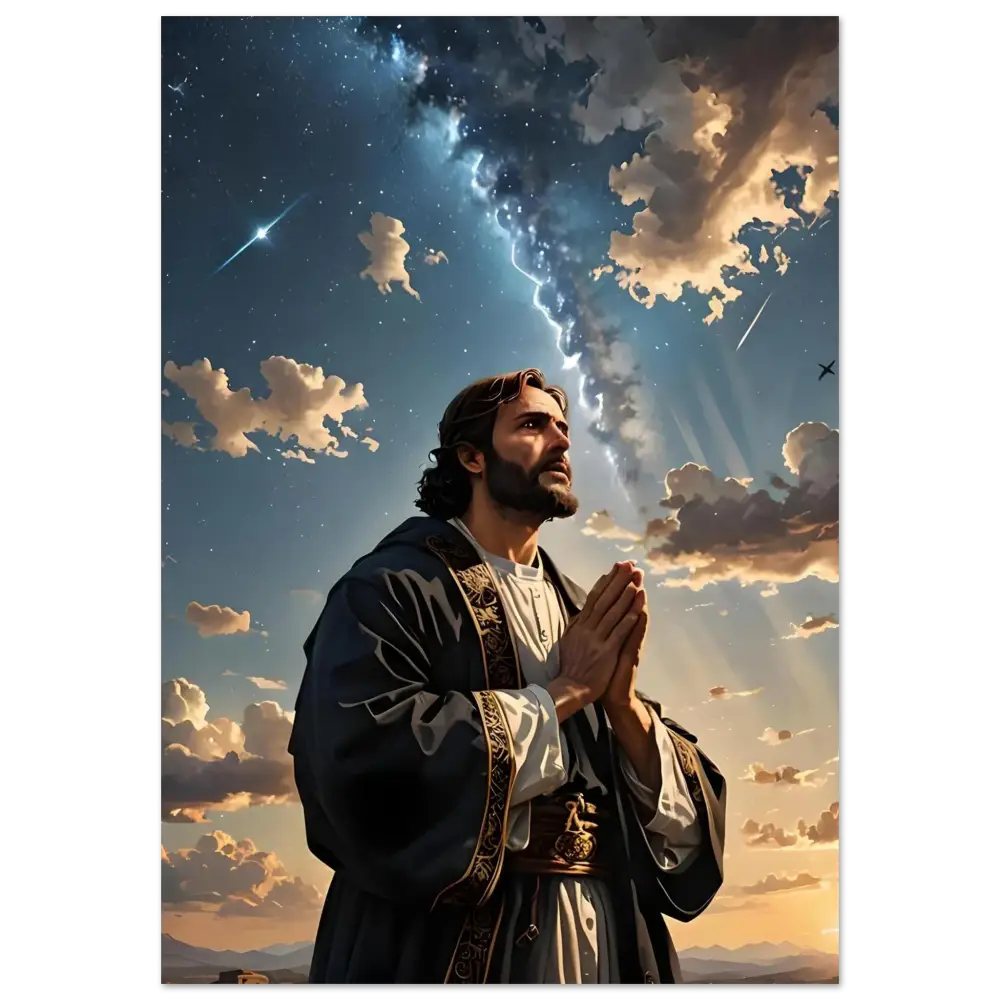 Man praying under a celestial sky in Fine Art Poster Prayer to the Cosmos PixiOnyx