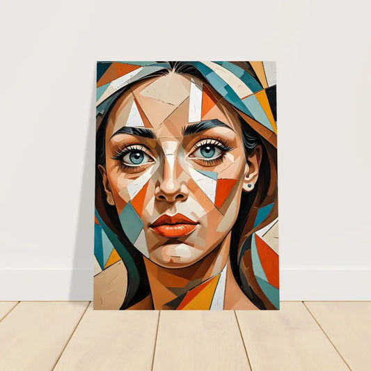 Geometric portrait painting displayed on Fine Art Poster Prismatic Portrait PixiOnyx