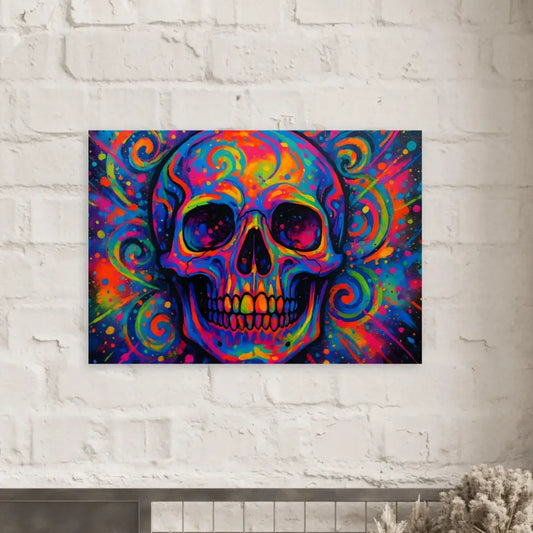 Colorful skull art poster from PixiOnyx Cosmic Display titled Psychedelic Skull Eruption