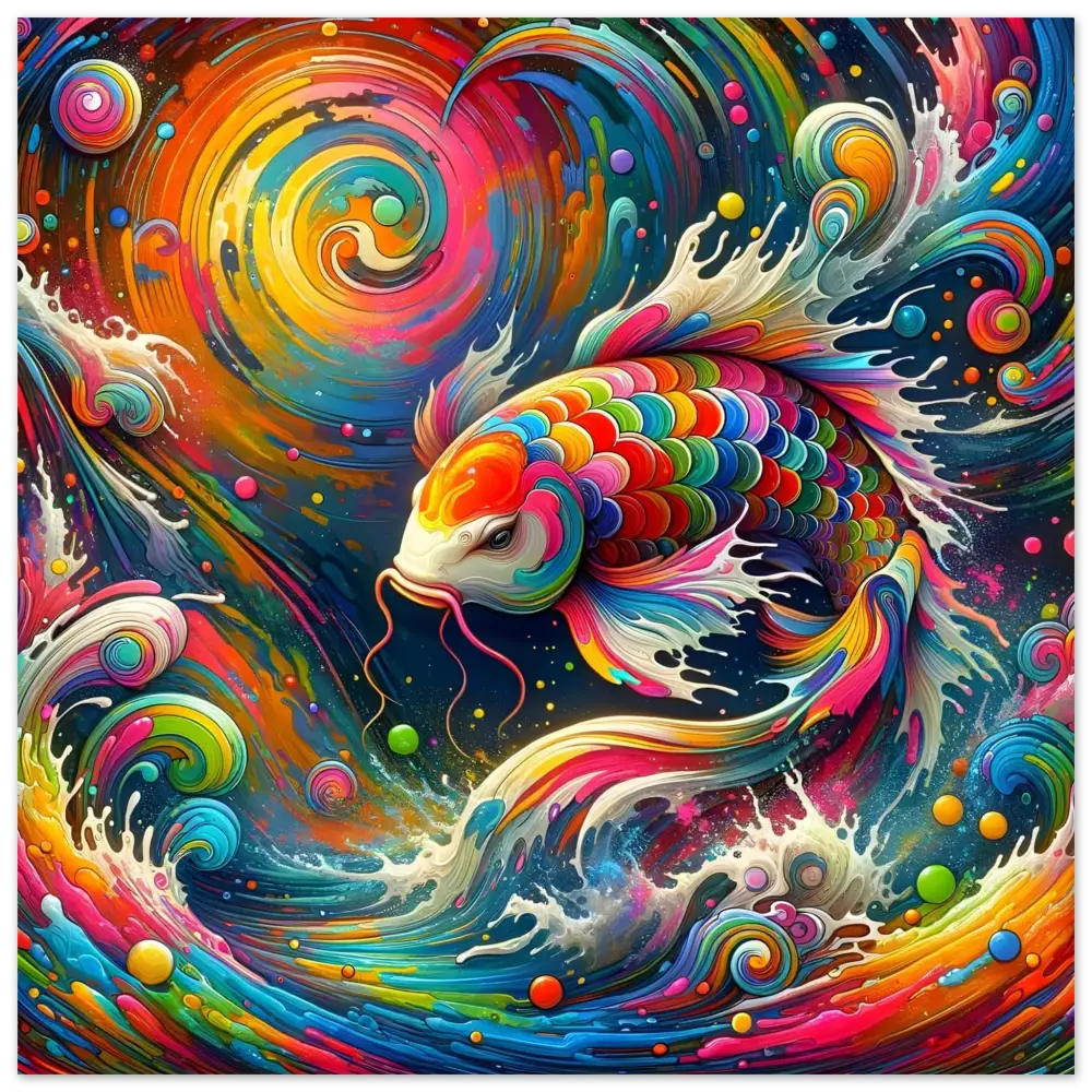 Vibrant rainbow-scaled koi fish artwork from PixiOnyx Dream Current of Psychedelic Nature poster