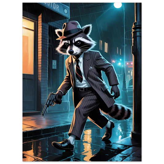 Anthropomorphic Raccoon Gangster in Noir Alley Pose for Fine Art Poster Rogue Raccoon
