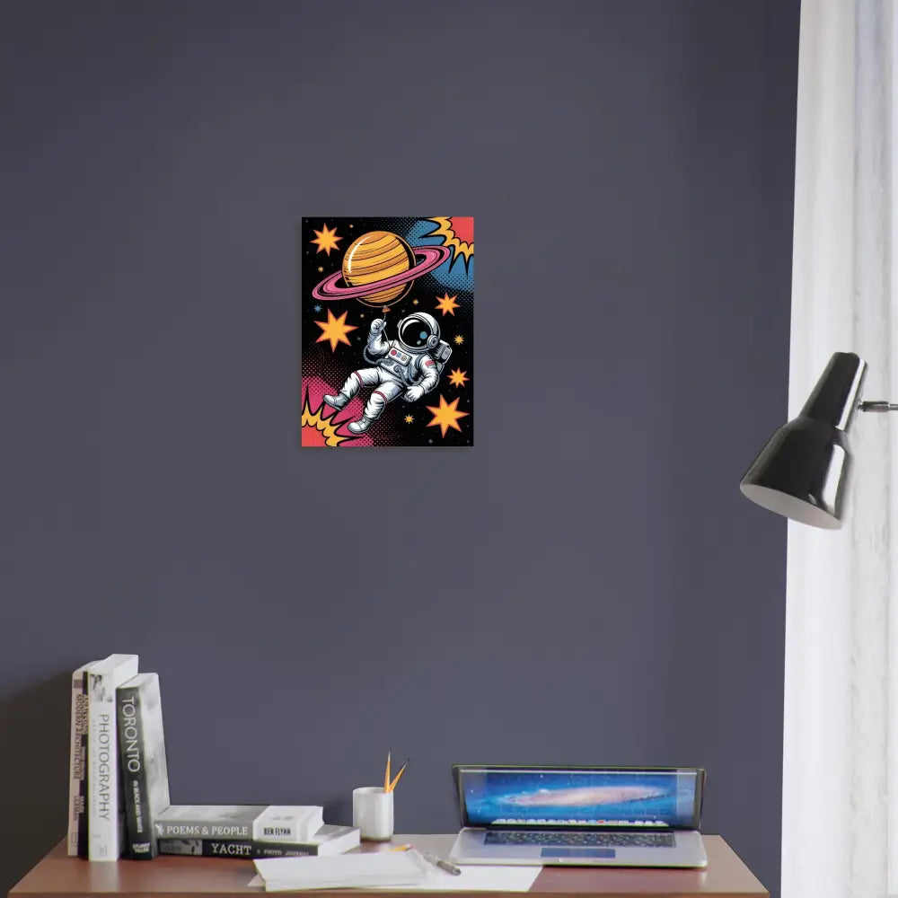 Astronaut spacewalker clutches Saturn with stars in a museum-grade 12-color giclée poster