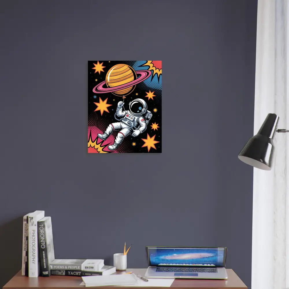 Colorful museum-grade 12-color giclée poster of a spacewalker clutching Saturn with stars