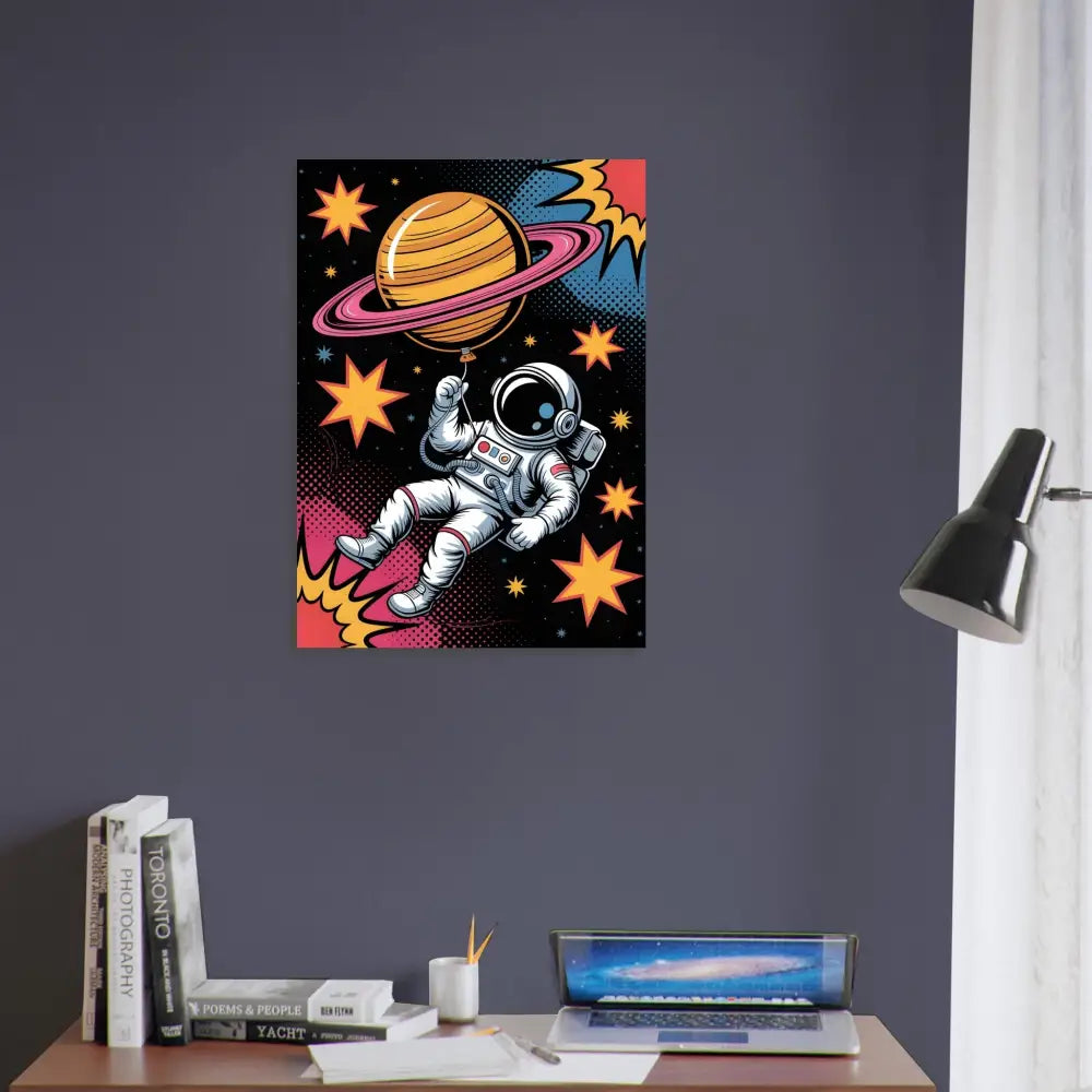 Vibrant pop-art style spacewalker clutches Saturn with planet-shaped balloon in cosmic scene