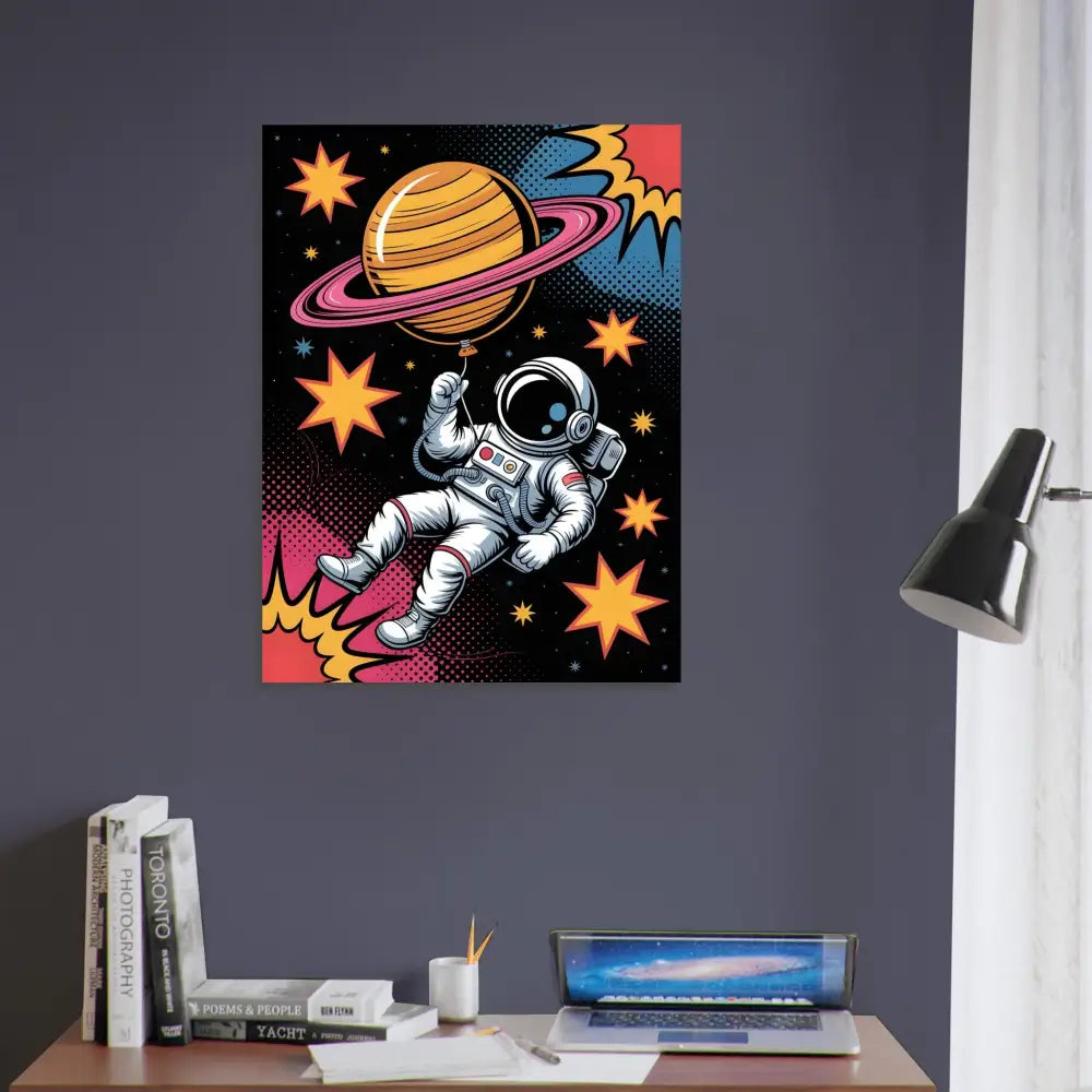 Pop art astronaut clutching Saturn balloon on museum-grade 12-color giclée canvas print