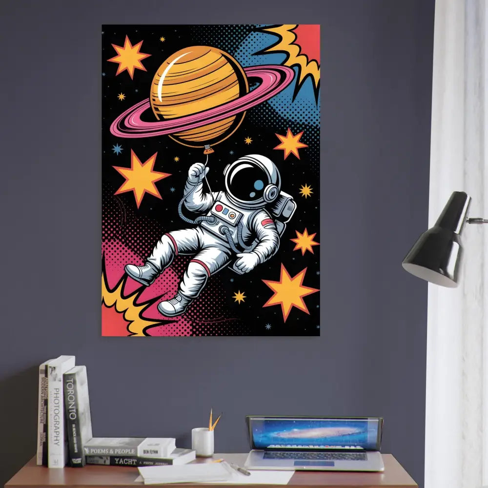 Framed pop-art style canvas print of a spacewalker clutching Saturn balloon, museum-grade 12-color giclée