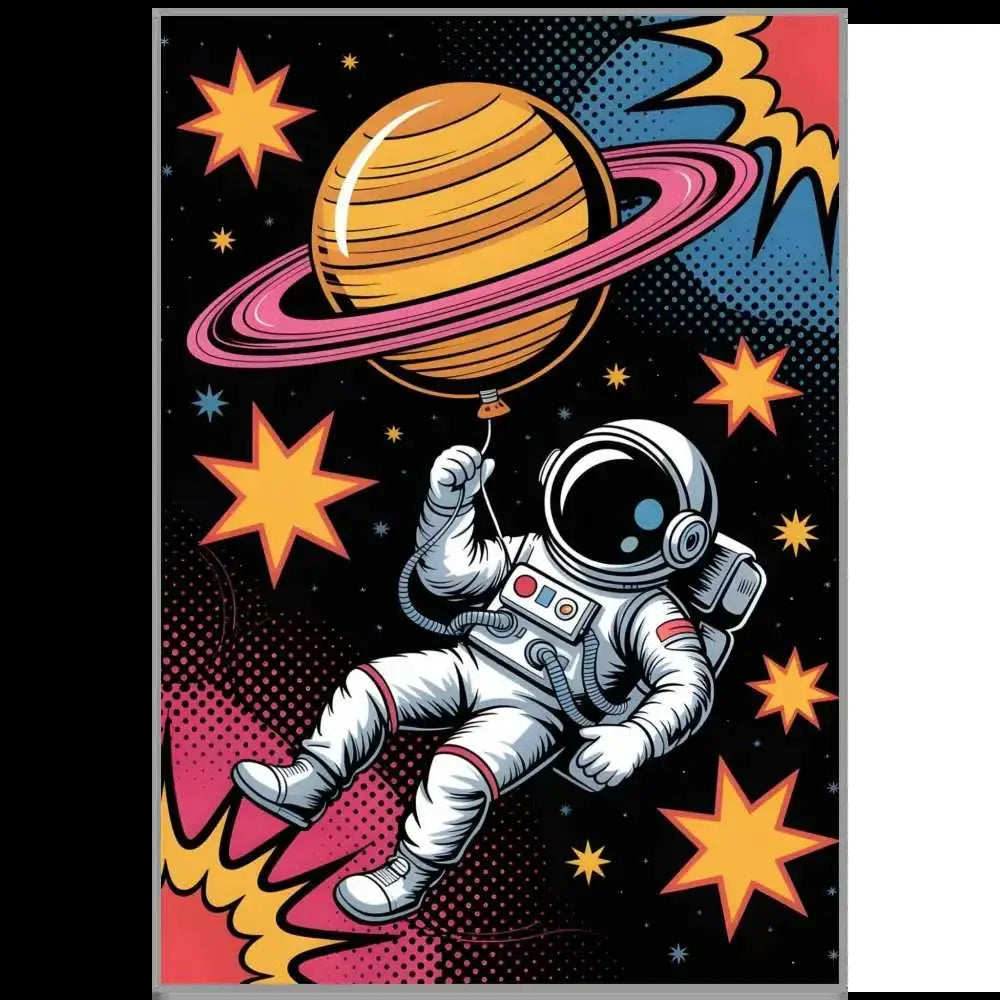 Astronaut spacewalker clutches Saturn-shaped balloon in PixiOnyx cosmic art poster