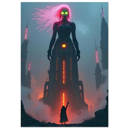 Cybernetic sorceress towering over futuristic cityscape in Sci-fi Fairytale poster