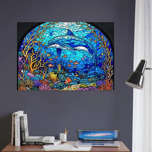 Stained glass dolphin artwork on Fine Art Poster Sea Cathedral by PixiOnyx Oceanlight Relic