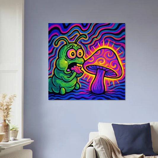 Psychedelic caterpillar and mushroom art displayed on PixiOnyx Fine Art Poster Shroomapillar Snack Attack