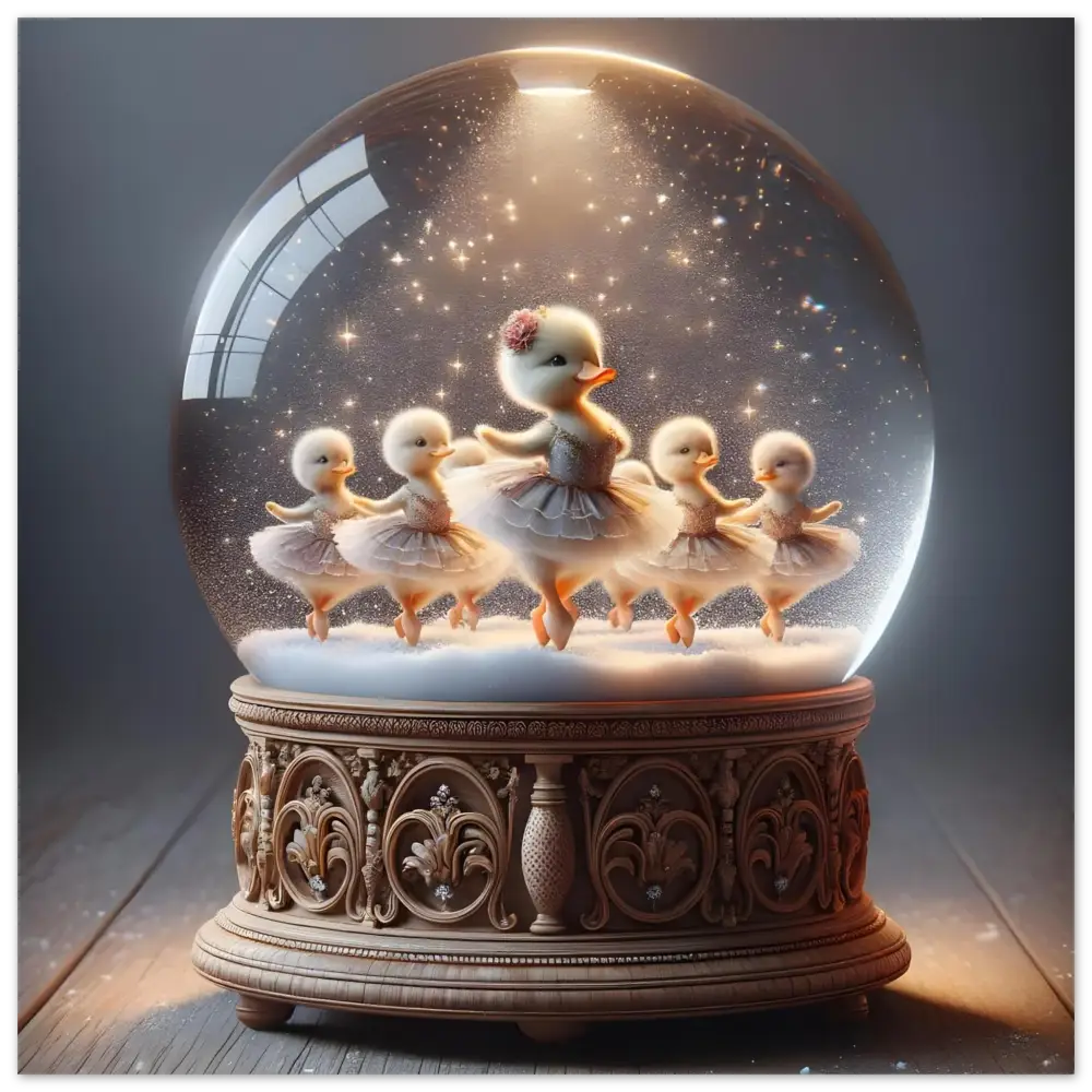 Duckling ballerina snow globe, whimsical winter print from PixiOnyx Fine Art Poster