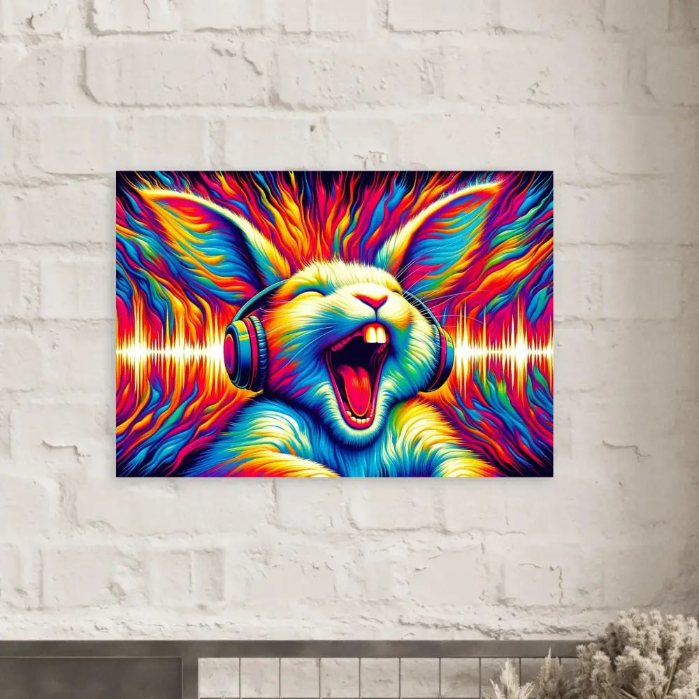 Colorful rabbit art with headphones printed on Fine Art Poster Sonic Scream Psycho Cottontail Quartet