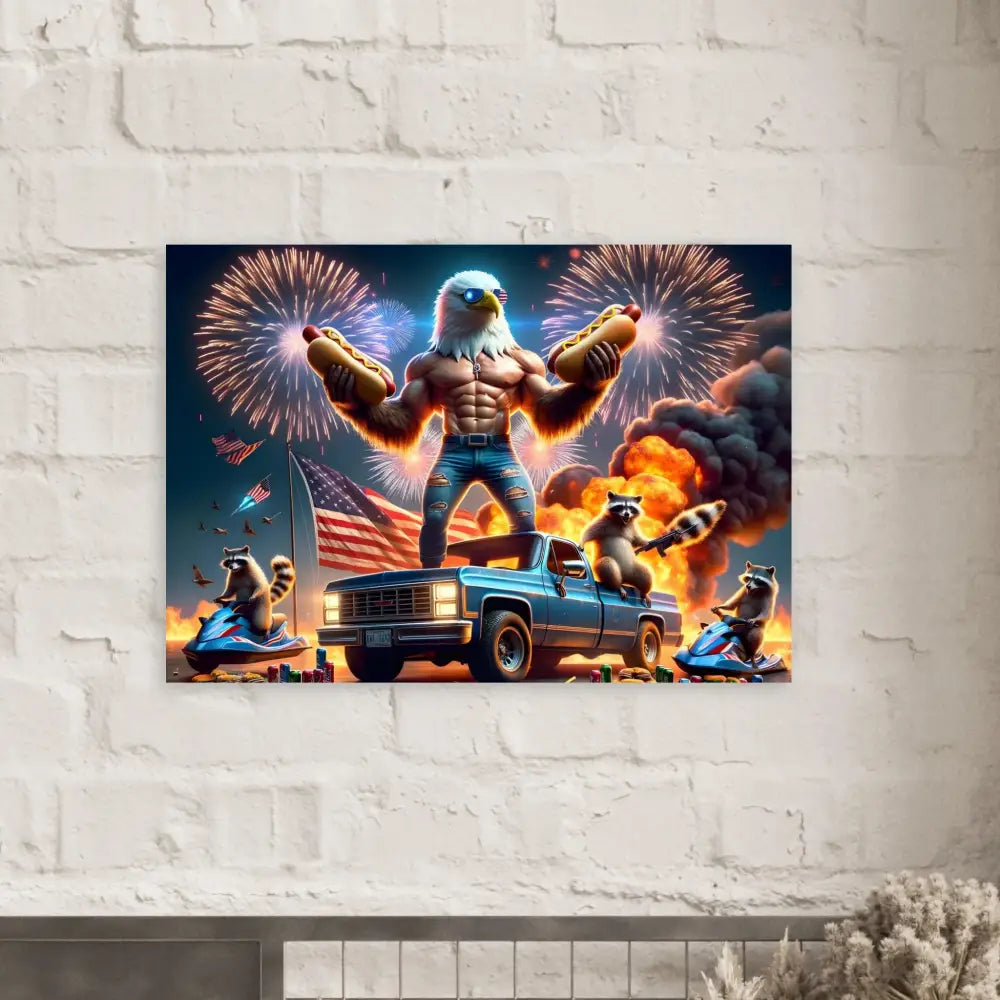 Humorous patriotic poster featuring American flag elements and playful imagery