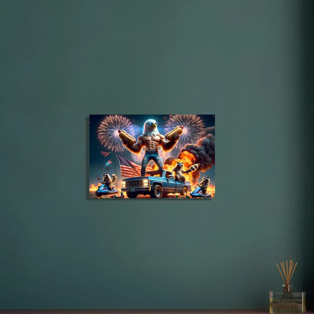 Patriotic eagle and raccoon enjoying a party scene on the Fine Art Poster Stars Stripes and Flaming Hot Dogs