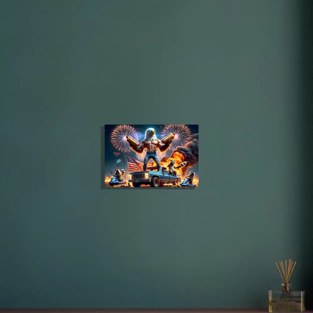 Patriotic eagle humanoid on a truck for the Fine Art Poster Stars Stripes Flaming Hot Dogs