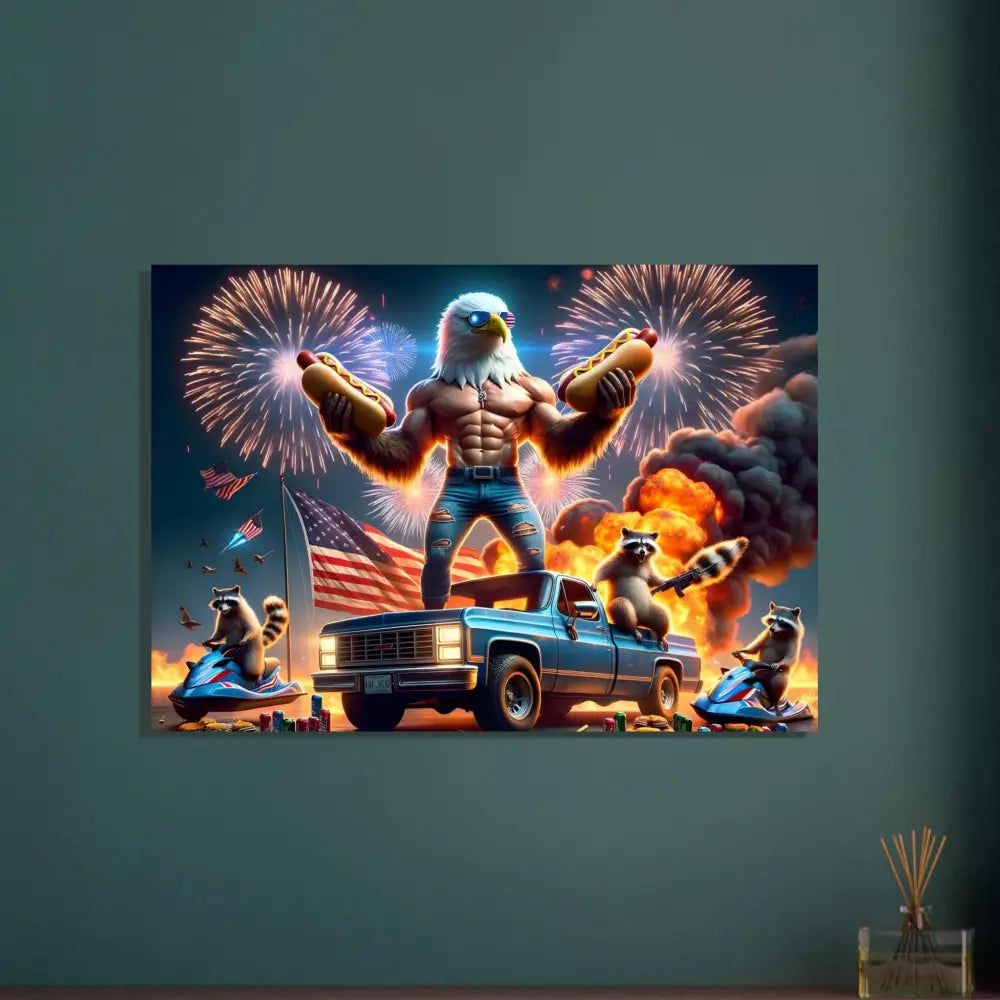 Patriotic eagle and raccoon celebrating on the Fine Art Poster Stars Stripes Flaming Hot Dogs