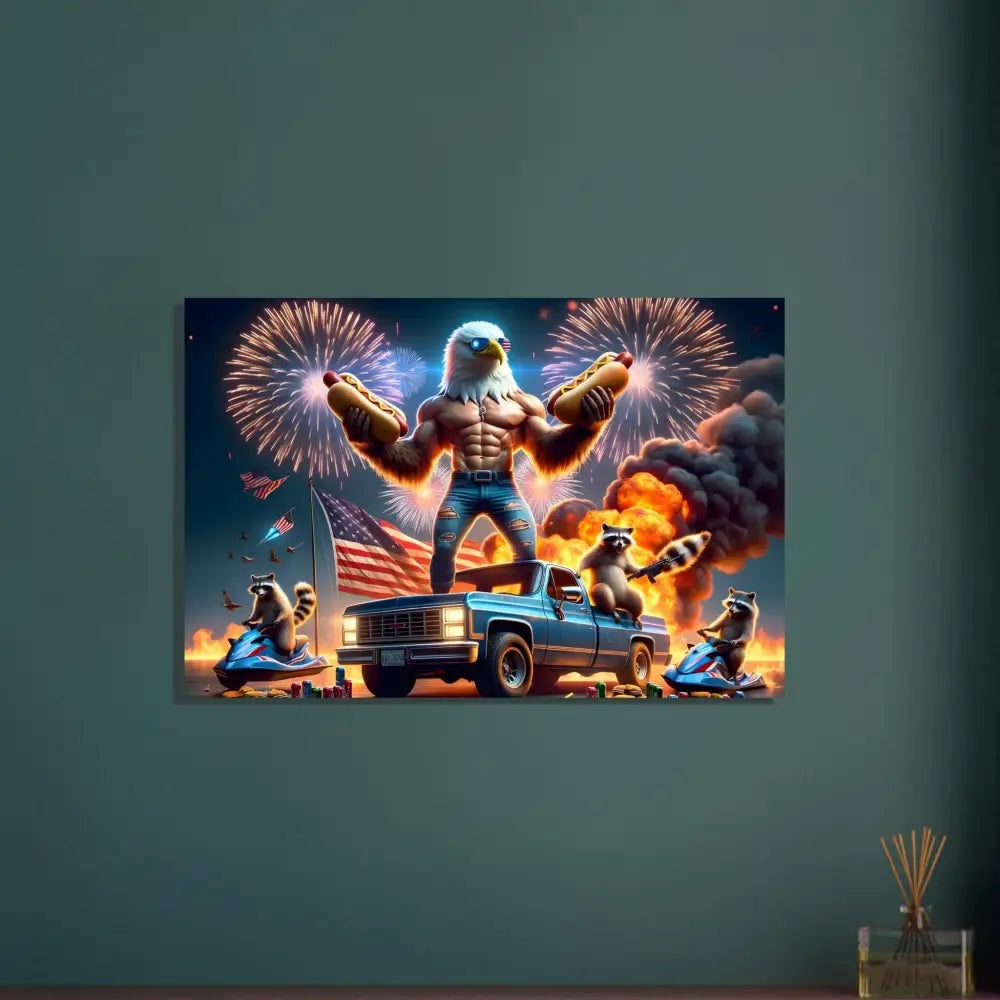 Humorous patriotic artwork in the Fine Art Poster Stars Stripes and Flaming Hot Dogs