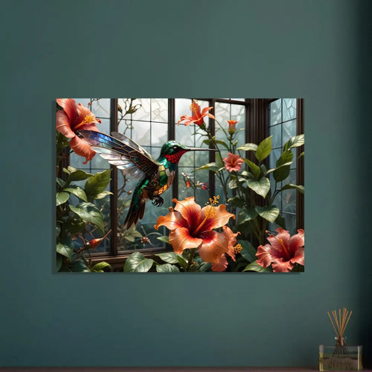 Hummingbird and hibiscus floral art on a Steampunk Hummingbird Fine Art Poster by PixiOnyx