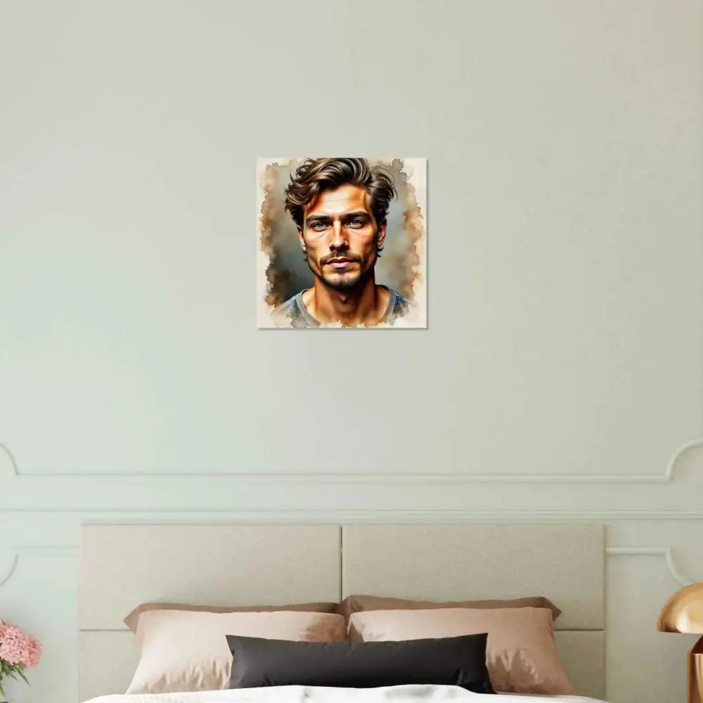 Fine art watercolor portrait of a man with dark wavy hair and short beard
