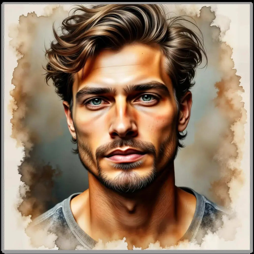 Fine art enigmatic portrait steeped in antique-style watercolor captures a man with wavy brown hair