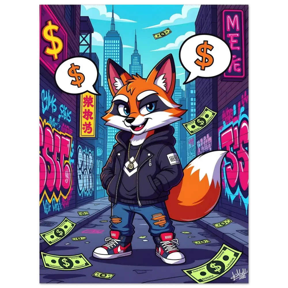 Cartoon fox in urban setting for Fine Art Poster Street Hustle Fox PixiOnyx Urban Edge Print