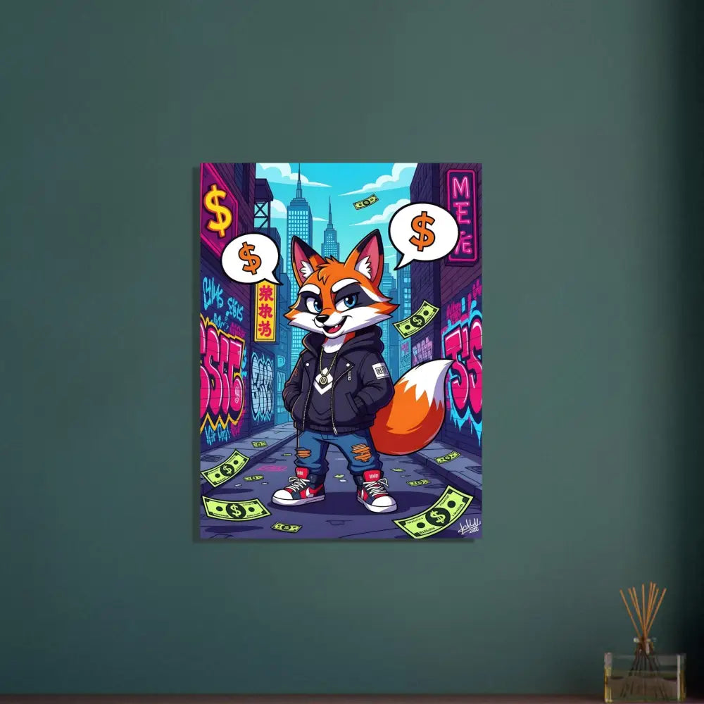Cartoon fox in urban setting for Fine Art Poster Street Hustle Fox PixiOnyx Urban Edge Print