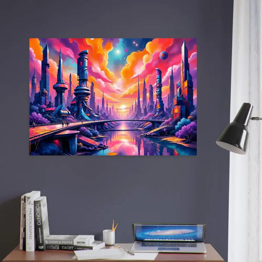 Fine art poster of a luminous skyline hums with glowing towers reflect a futuristic cityscape at sunset