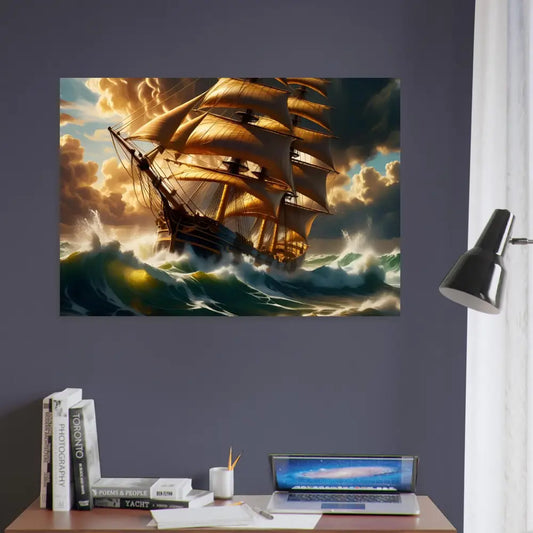 Framed ship painting from Fine Art Poster Tempestbound Sovereign PixiOnyx Cinematic Voyage