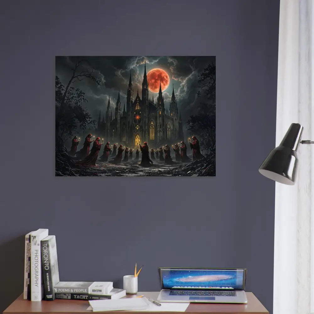 Gothic castle under a blood moon as featured in PixiOnyx Fine Art Poster The Crimson Liturgy