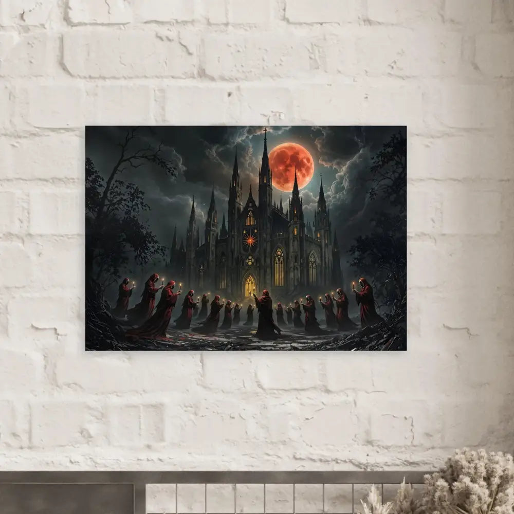 Gothic castle under a blood moon with cloaked figures in PixiOnyx Fine Art Poster The Crimson Liturgy