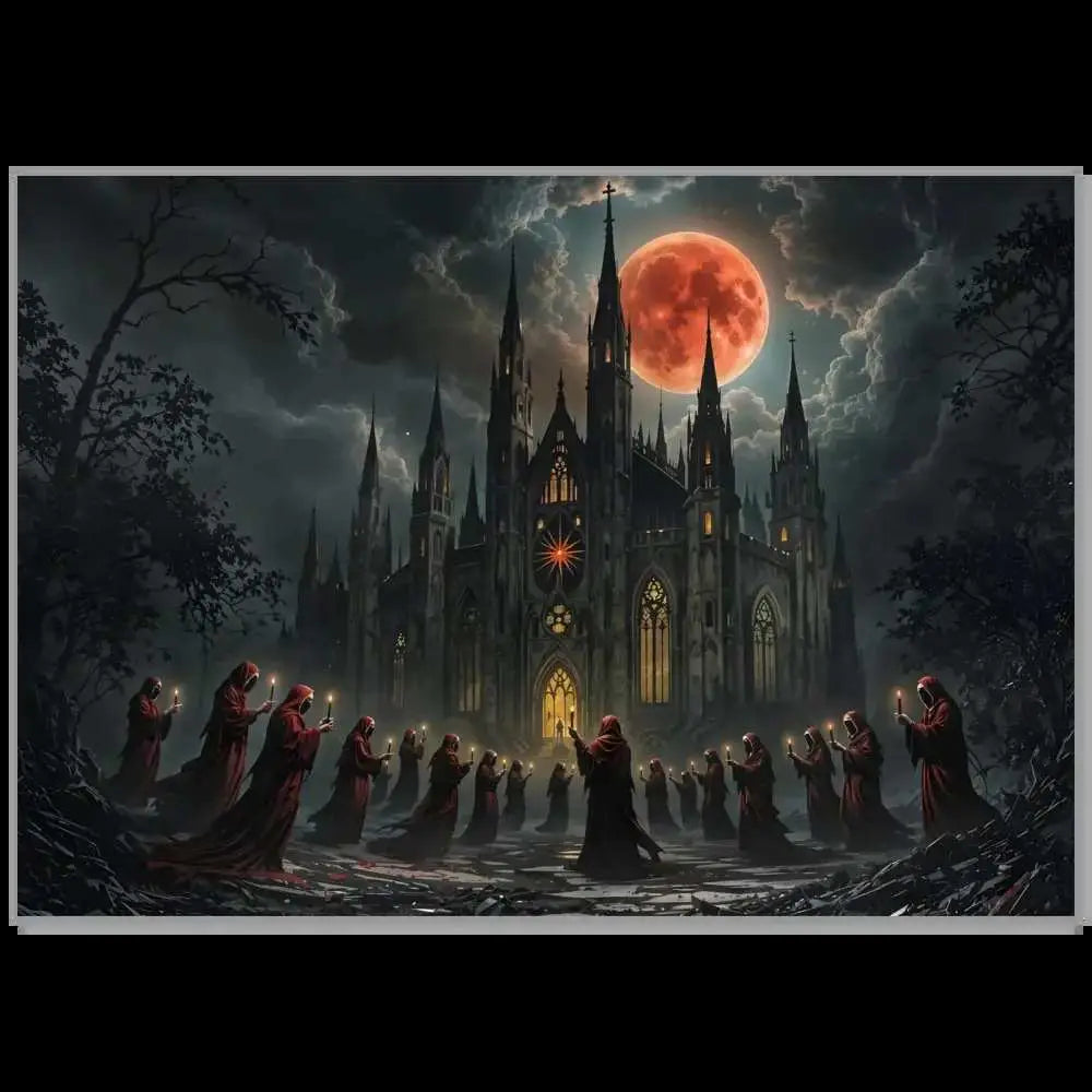 Fine art poster of a gothic cathedral during crimson liturgy conjures a mystical blood moon scene