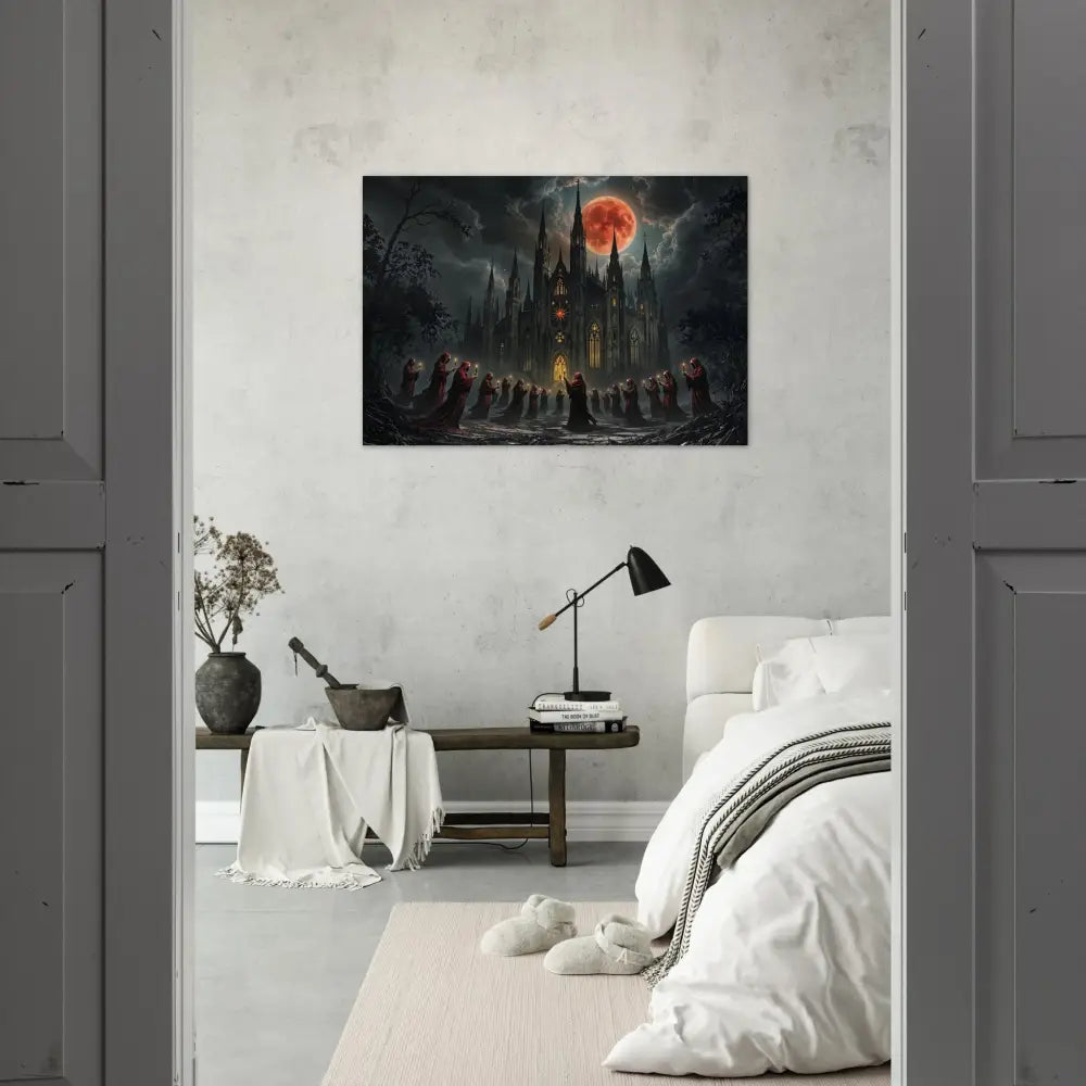 Gothic castle under a blood moon depicted in Fine Art Poster The Crimson Liturgy PixiOnyx