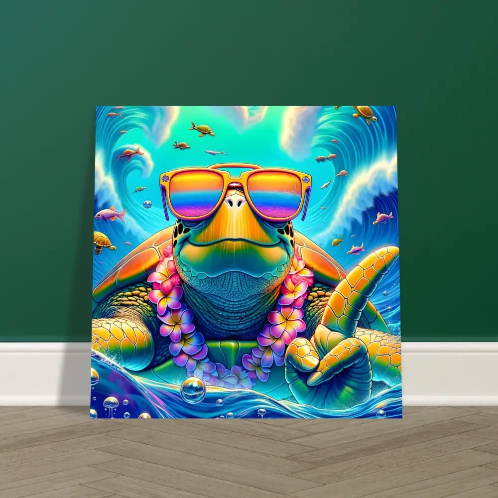 Vibrant turtle art print wearing sunglasses and lei in PixiOnyx Chillwave style