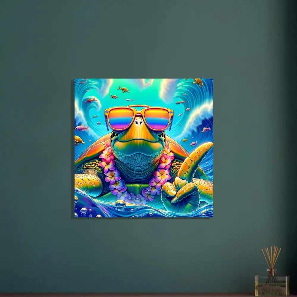 Colorful turtle art poster from PixiOnyx Chillwave series titled Turtle-y Misunderstood Bro