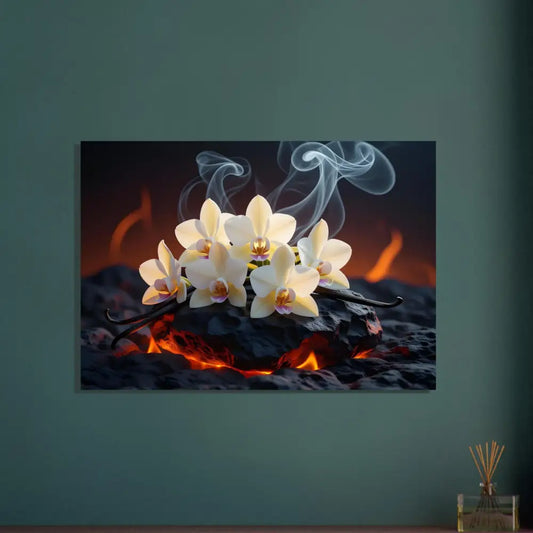 Orchids and vanilla beans on hot coals with smoke for Fine Art Poster Volcanic Vanilla