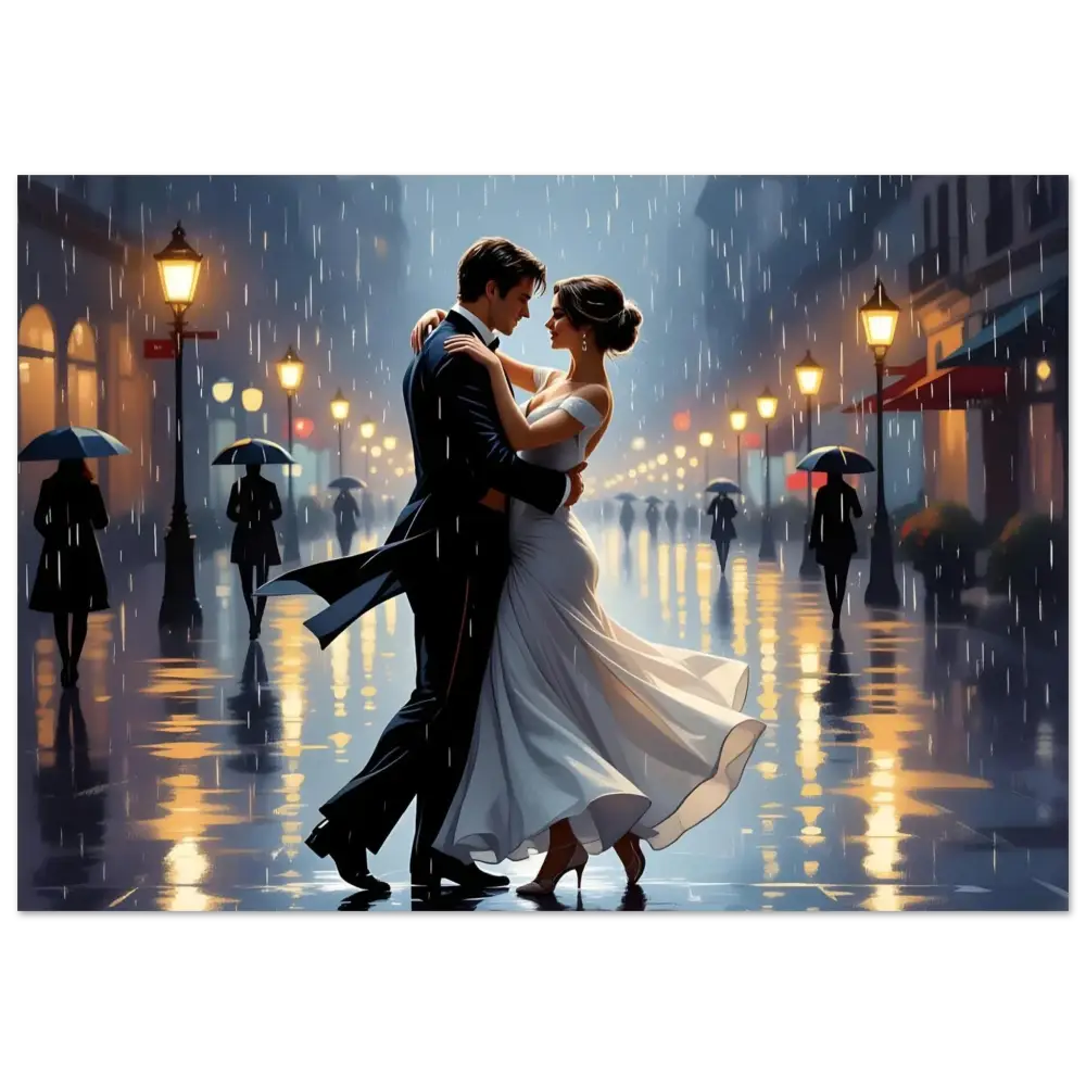 Romantic couple dancing in the rain on PixiOnyx Dreamy Dance Print poster