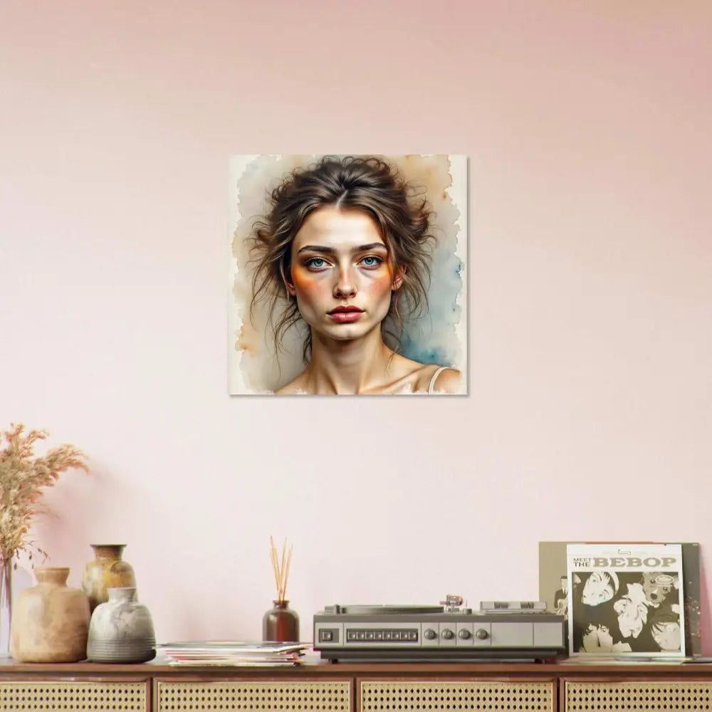 Watercolor fine art hauntingly elegant portrait of a woman with blue eyes and messy brown hair