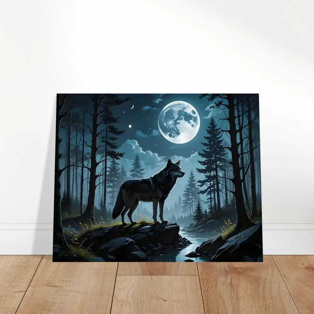 Wolf in moonlit forest canvas for Fine Art Poster Wolf Moon Reverie by PixiOnyx
