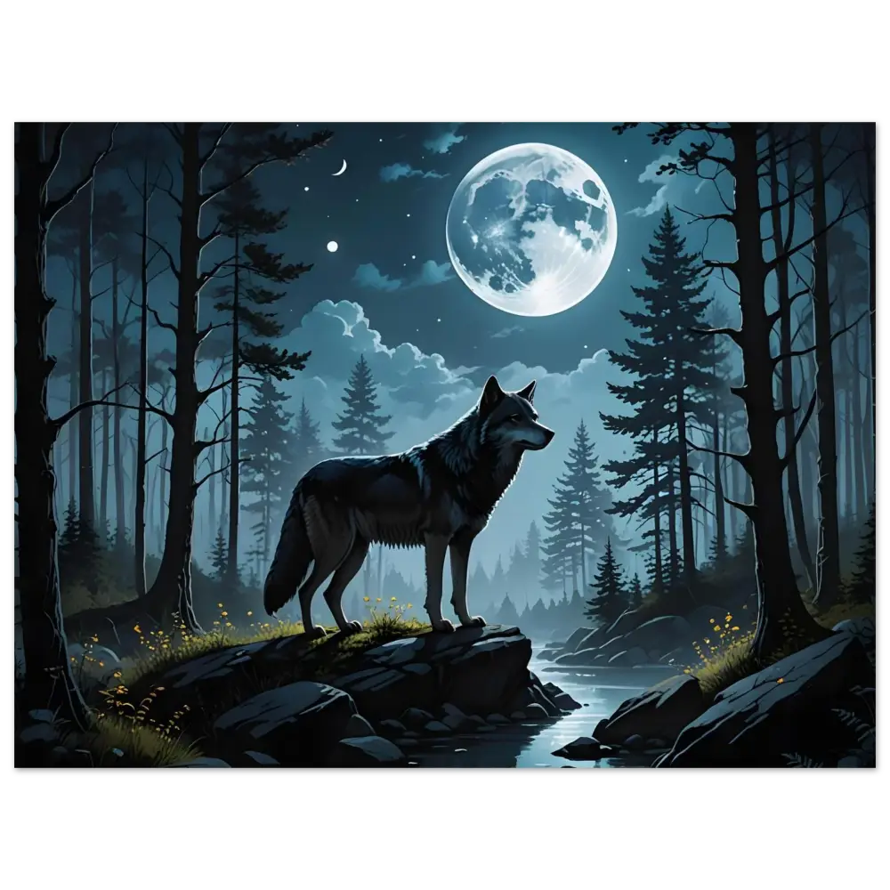 Wolf beneath a full moon on Fine Art Poster Wolf Moon Reverie by PixiOnyx Lunar Dreamscape
